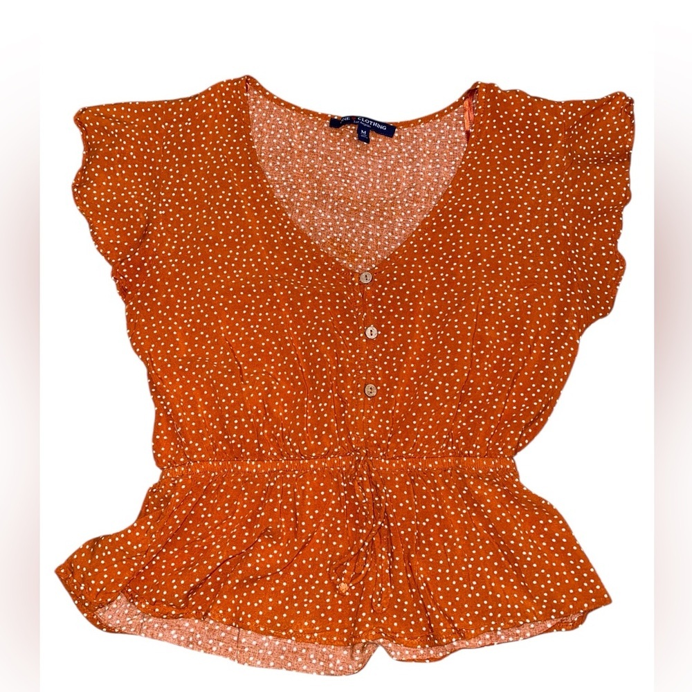 One Clothing Rust Polka Dot Peplum Blouse – Size Medium